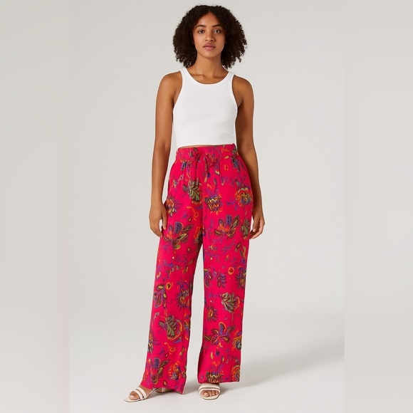 Catherine Malandrino Vibrant Pink Floral High Rise Wide Leg Drawstring Pants - Picture 1 of 7